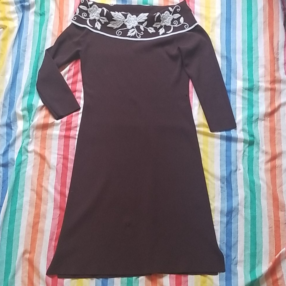 BCBGMaxAzria Brown Sweater Dress Flower Cowl Neck